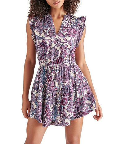 Prairie Dreams Paisley Printed Washed Satin V-Neck Ruffle Cap Sleeve Mini Blouson Dress