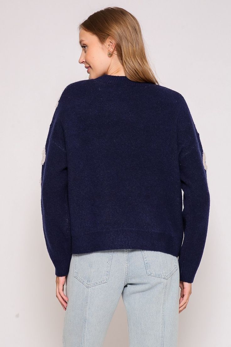 Navy Blue Floral Knit Sweater