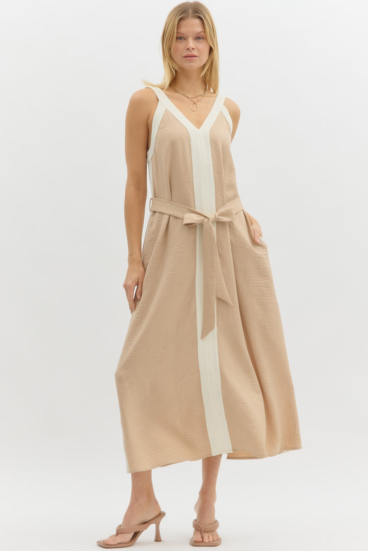 White and Taupe Colorblocked Maxi