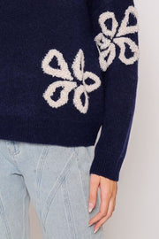 Navy Blue Floral Knit Sweater