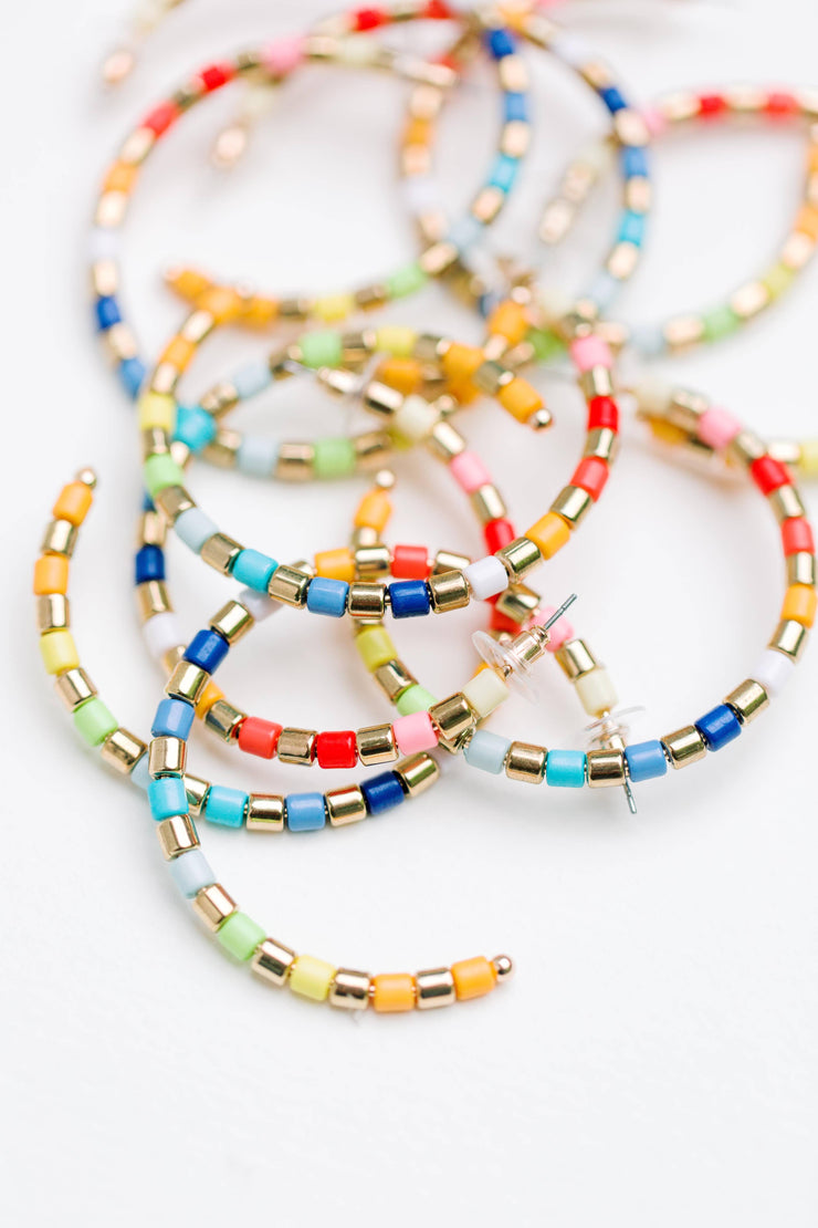 Multi-Colored Rainbow Beaded Statement Hoop Earrings