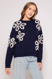 Navy Blue Floral Knit Sweater