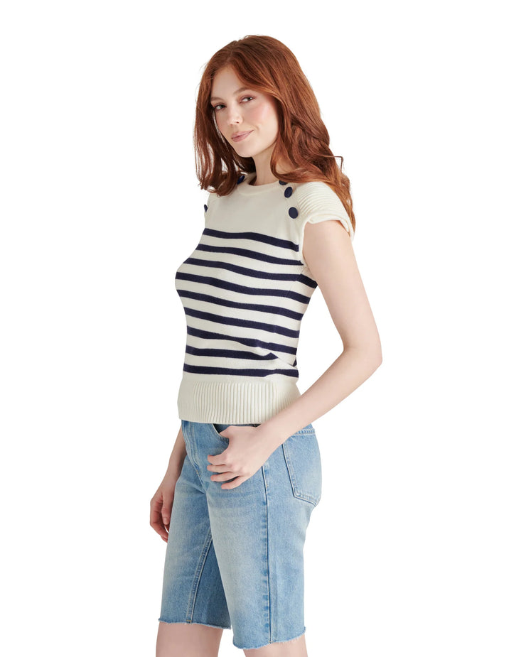 Tomas Stripe Button Shoulder Cap Sleeve Sweater