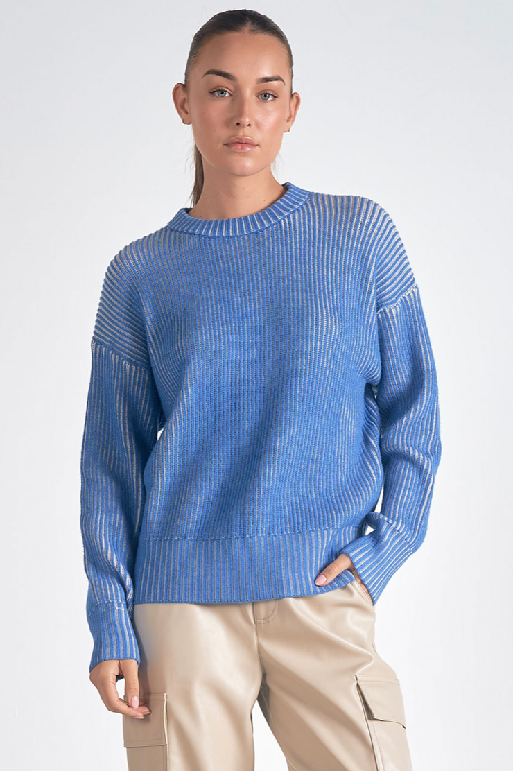 Blue and White Ribbed Crewneck Sweater