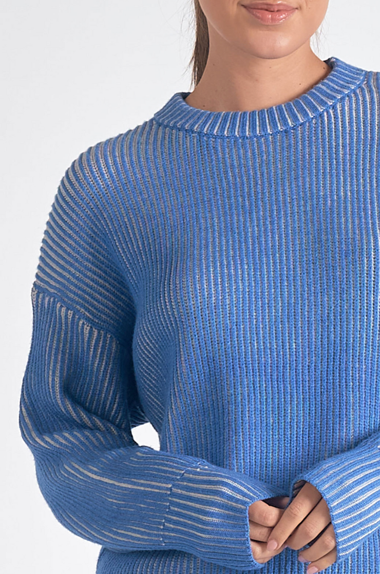 Blue and White Ribbed Crewneck Sweater