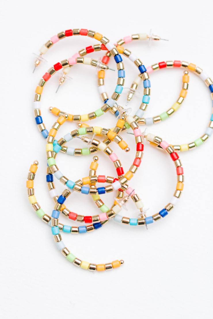 Multi-Colored Rainbow Beaded Statement Hoop Earrings