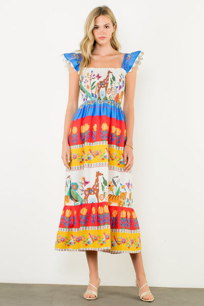 Smocked Flutter Sleeve Animal Print Maxi Dress
