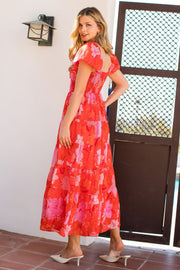 Red Puff Sleeve Floral Maxi Dress