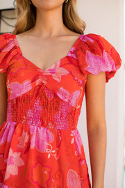 Red Puff Sleeve Floral Maxi Dress