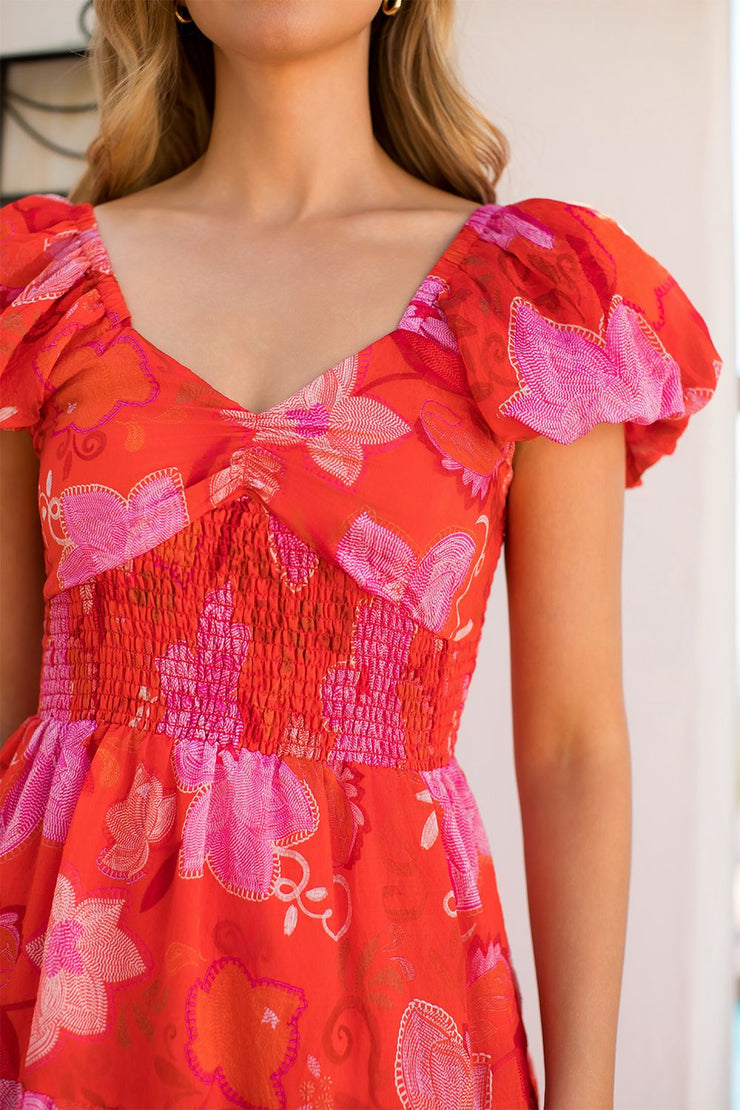 Red Puff Sleeve Floral Maxi Dress