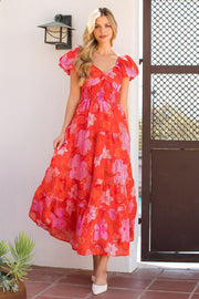 Red Puff Sleeve Floral Maxi Dress