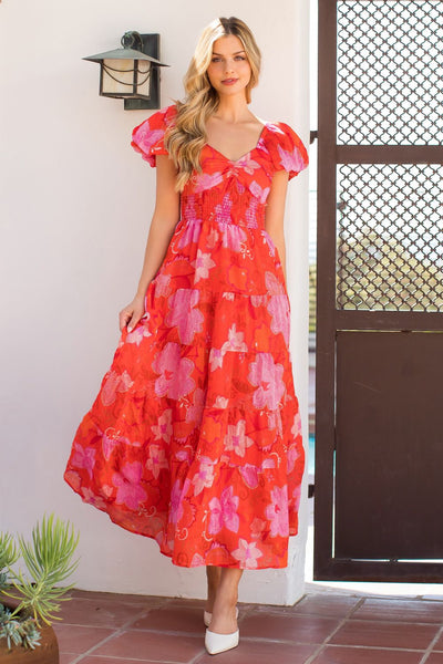 Red Puff Sleeve Floral Maxi Dress