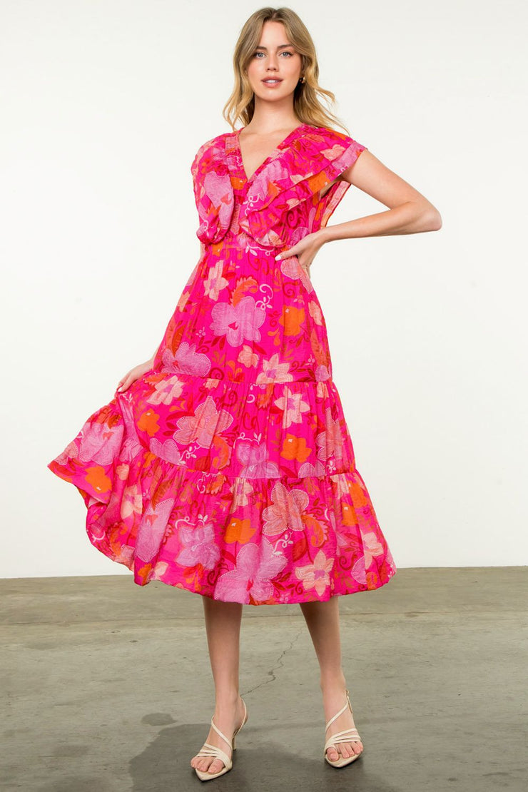 Pink Flutter Sleeve Floral Dress